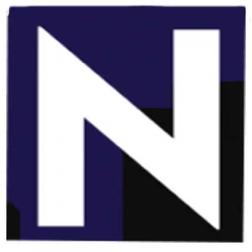 A bold white capital letter "N" centered on a dark blue and black square background.